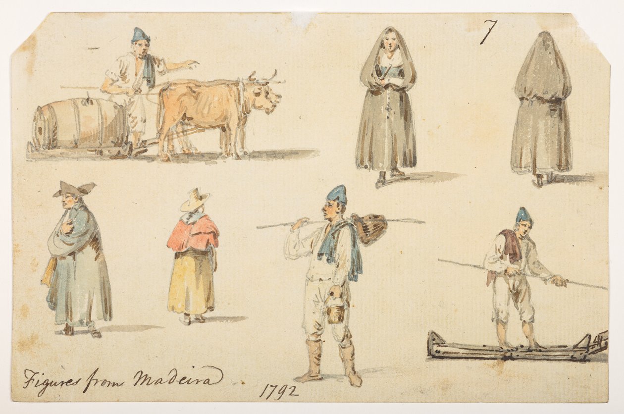 7’ Figurki z Madiera. 1792.”  z albumu 372 rysunków pejzaży, wybrzeży, strojów i życia codziennego wykonanych podczas ambasady Lorda Macartneya u cesarza Chin w latach 1792-1794 (ołówek i akwarela na papierze) autorstwa William Alexander
