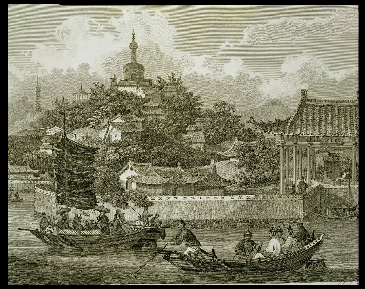 Widok na ogrody pałacu cesarskiego, Pekin, detal, grawerowany przez Samuela Smitha, wyd. przez G. Nicol, 1796 autorstwa William Alexander