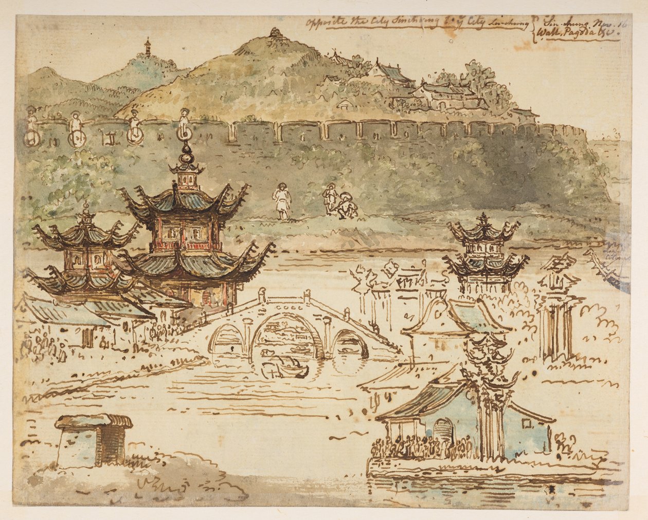 f.59 148v „Naprzeciwko miasta Shin-ring w mieście Liu-shung. Sin-chung 16.11.Ściana, pagoda itp.”, z albumu zawierającego 372 rysunki krajobrazów, linii brzegowych, kostiumów i życia codziennego, wykonanych podczas ambasady Lorda Macartneya przy cesarzu Ch autorstwa William Alexander