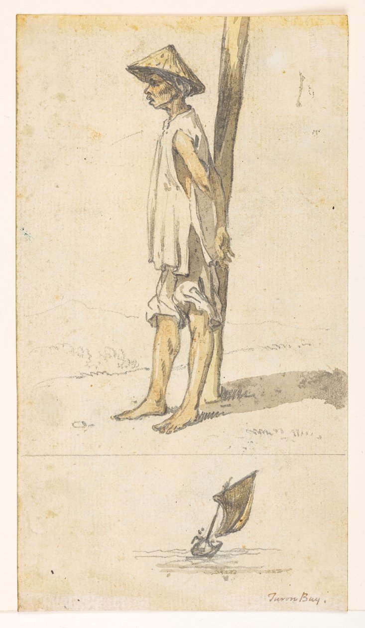 f.5 32v Młody mężczyzna oparty o drzewo; łódka. Zatoka Turona.  z albumu 372 rysunków pejzaży, wybrzeży, strojów i życia codziennego wykonanych podczas ambasady lorda Macartneya u cesarza chińskiego w latach 1792-1794 (ołówek i akwarela na s. autorstwa William Alexander