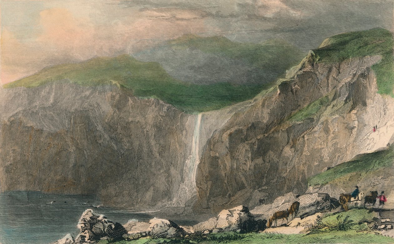 „Wodospad i kamieniołom w pobliżu Boscastle”, 1832 r. autorstwa William Alexander Le Petit