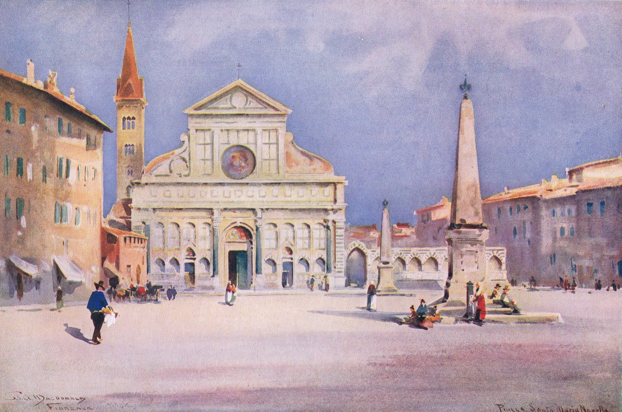 Piazza S. Maria Novella, Florencja, z Malowniczej Europy Hutchinsona wydanej przez Hutchinson & Son, ok. 1930 (kolor lito) autorstwa William Alister Macdonald