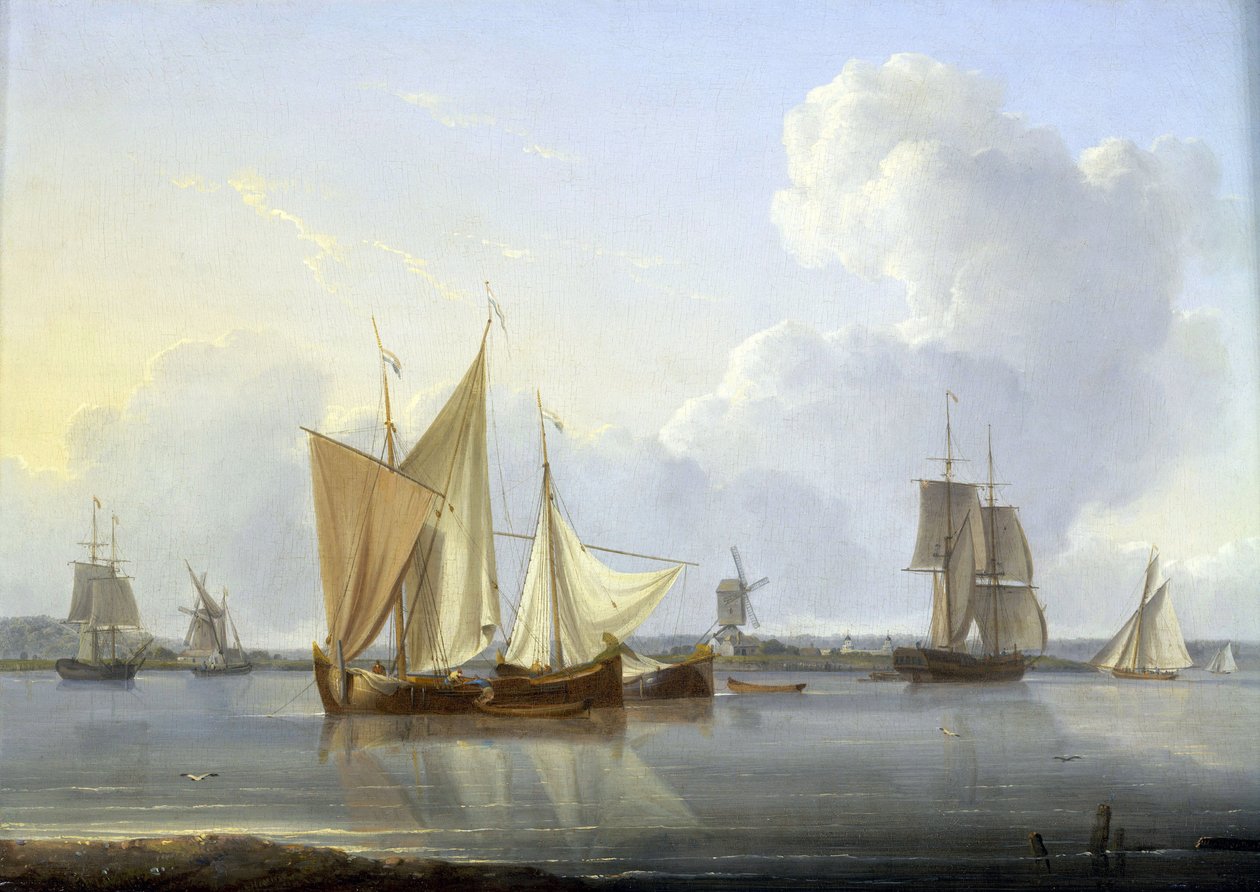 Przyjazd do Limehouse w Londynie (Anglia), różne łodzie na Tamizie i młyn na brzegu, a po prawej szpital Greenwich. Olej na płótnie, około 1820 roku, autor: William Anderson (1750-1778). autorstwa William Anderson