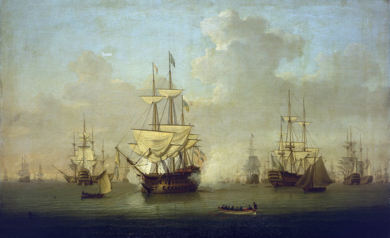 "Queen Charlotte", nowy okręt wojenny o 104 działach, w Spithead (Anglia) w 1790 r., w przededniu francuskiej wojny rewolucyjnej (1793-1802). autorstwa William Anderson