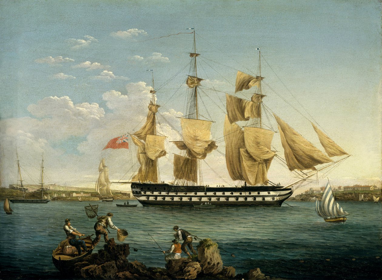 Statek HMS "Duncan" w Mahon (na wyspie Minorka, Hiszpania). Olej na drewnie autorstwa William Anderson