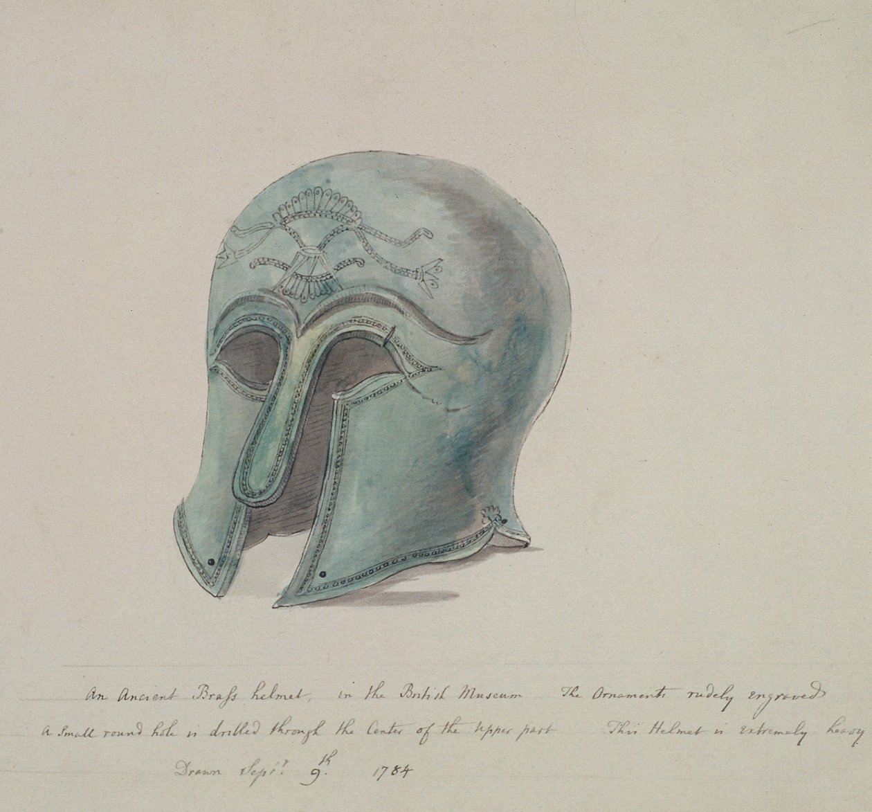 Antyczny mosiężny hełm z British Museum, Holborn, Londyn, 1784 autorstwa William Angus