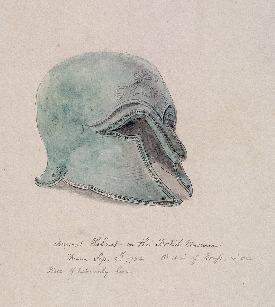 Antyczny mosiężny hełm z British Museum, Holborn, Londyn, 1784 autorstwa William Angus