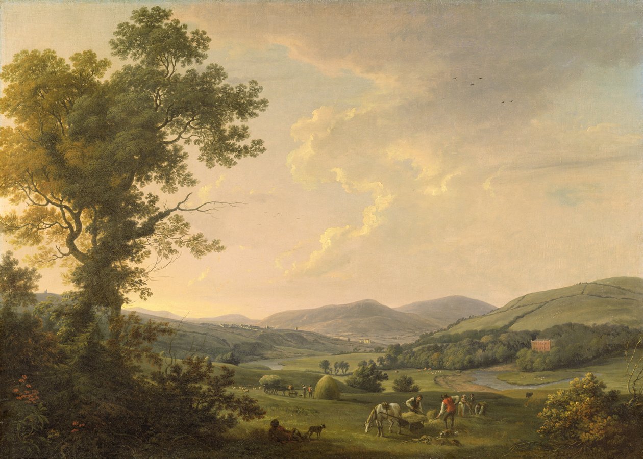 Krajobraz z sianokosami i odległym widokiem gruzińskiego domu, ok. 1780 (olej na płótnie) autorstwa William Ashford