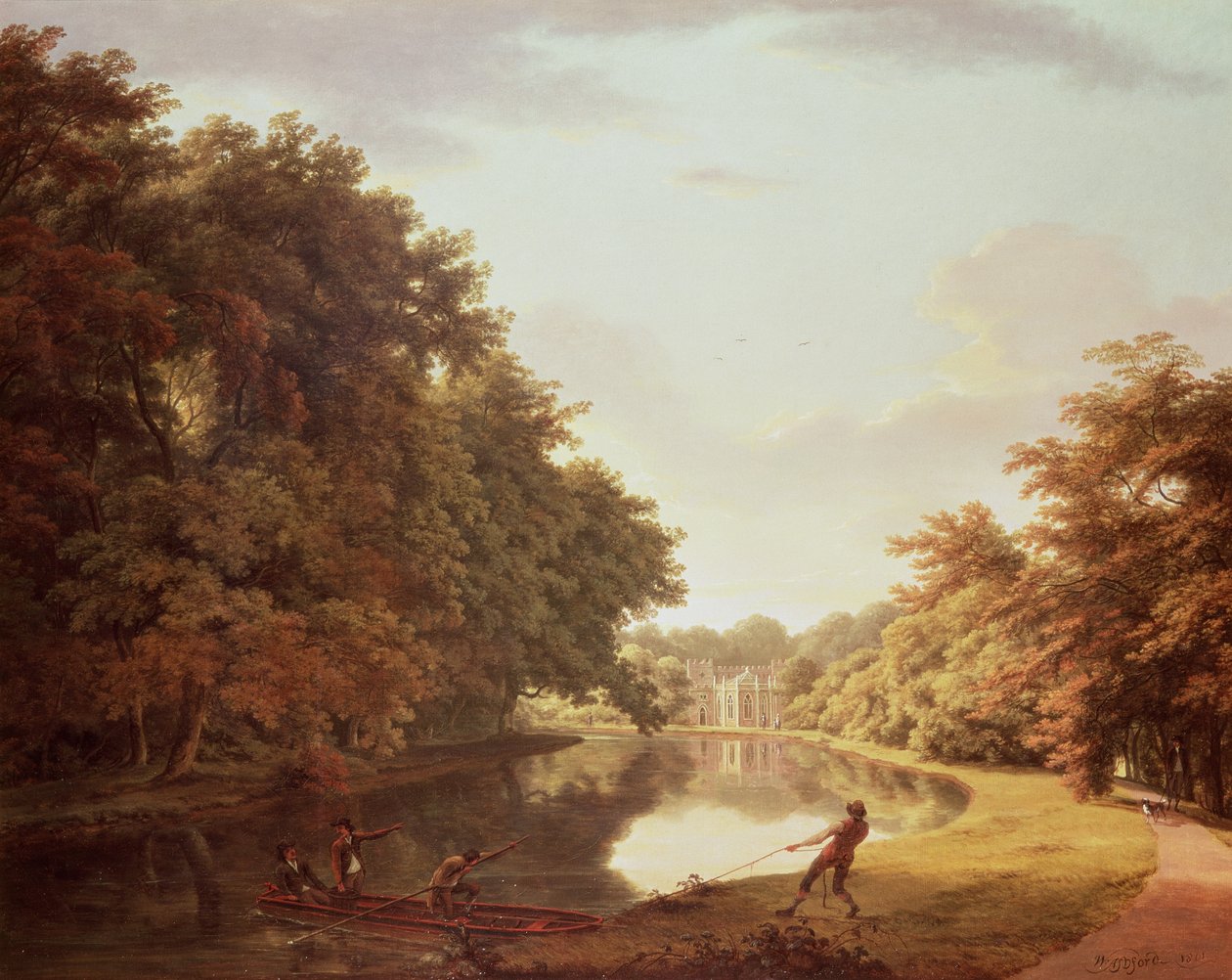Punt na rzece Clodiagh w lesie Charleville, Offaly z Castellated Farm i Gothick Dairy za ok. 1810 autorstwa William Ashford