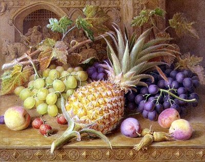 Martwa natura ananasa, winogron, brzoskwiń, truskawek i orzechów laskowych na komodzie autorstwa William B. Hough