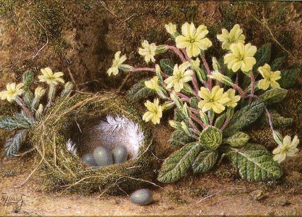 Martwa natura z jajkami w gnieździe i pierwiosnkami autorstwa William B. Hough
