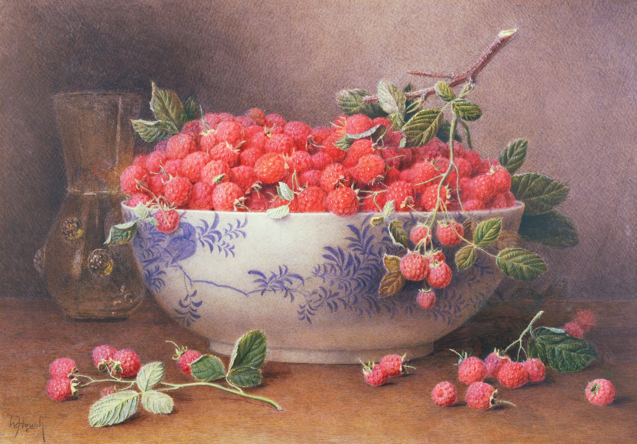 Martwa natura malin w niebiesko-białej misce autorstwa William B. Hough
