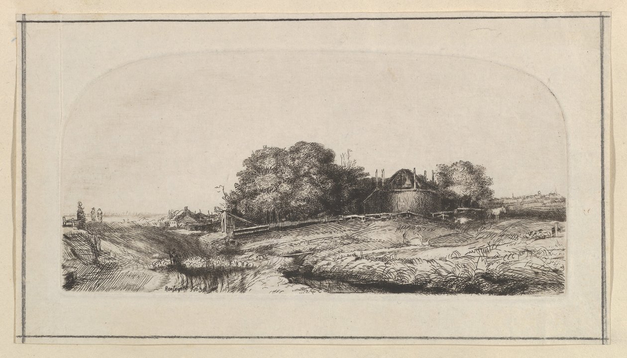 Krajobraz z kopią stodoły i stada owiec, 1750-1810. autorstwa William Baillie