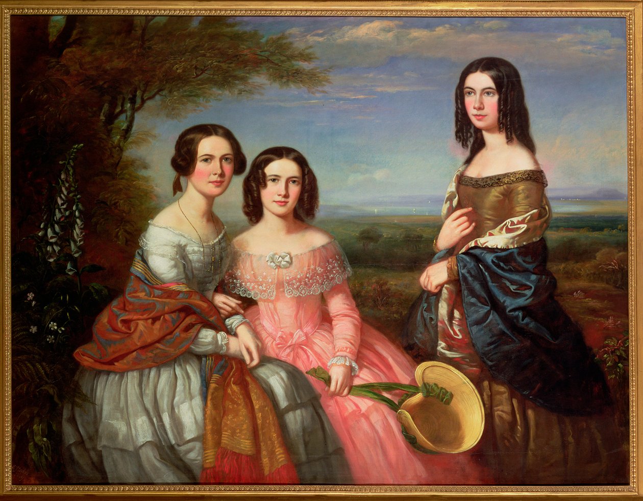Portret grupowy trzech dziewczyn, długości trzech czwartych, w krajobrazie, 1849 autorstwa William Baker