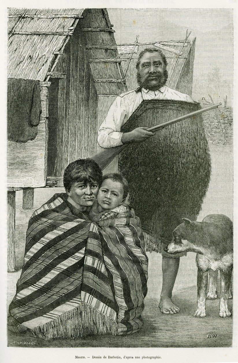 Trzy pokolenia Maorysów. Grawer autorstwa Barbotina, ilustrujący opowiadanie Voyage a la Nouvelle Zelande, 1889, G. Verschuur, in le tour du monde 1890, reżyseria Edouard Charton (1807-1890), Hachette, Paryż. autorstwa William Barbotin