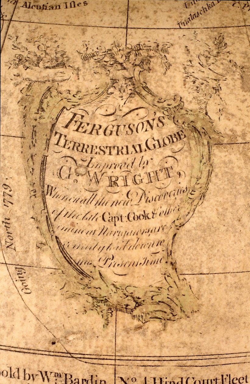 Kartusz na północnym Pacyfiku, ok. 1795 r. (papier mache, grawerowana płyta miedziana, mosiądz, drewno, papier) autorstwa William Bardin