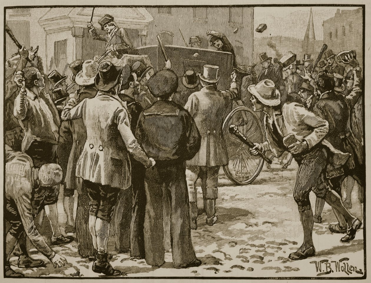 Atak na Sir Charlesa Wetherella w Bristolu, ilustracja z „Ilustrowanej historii Anglii Cassella” (zdjęcie w sepii) autorstwa William Barnes Wollen