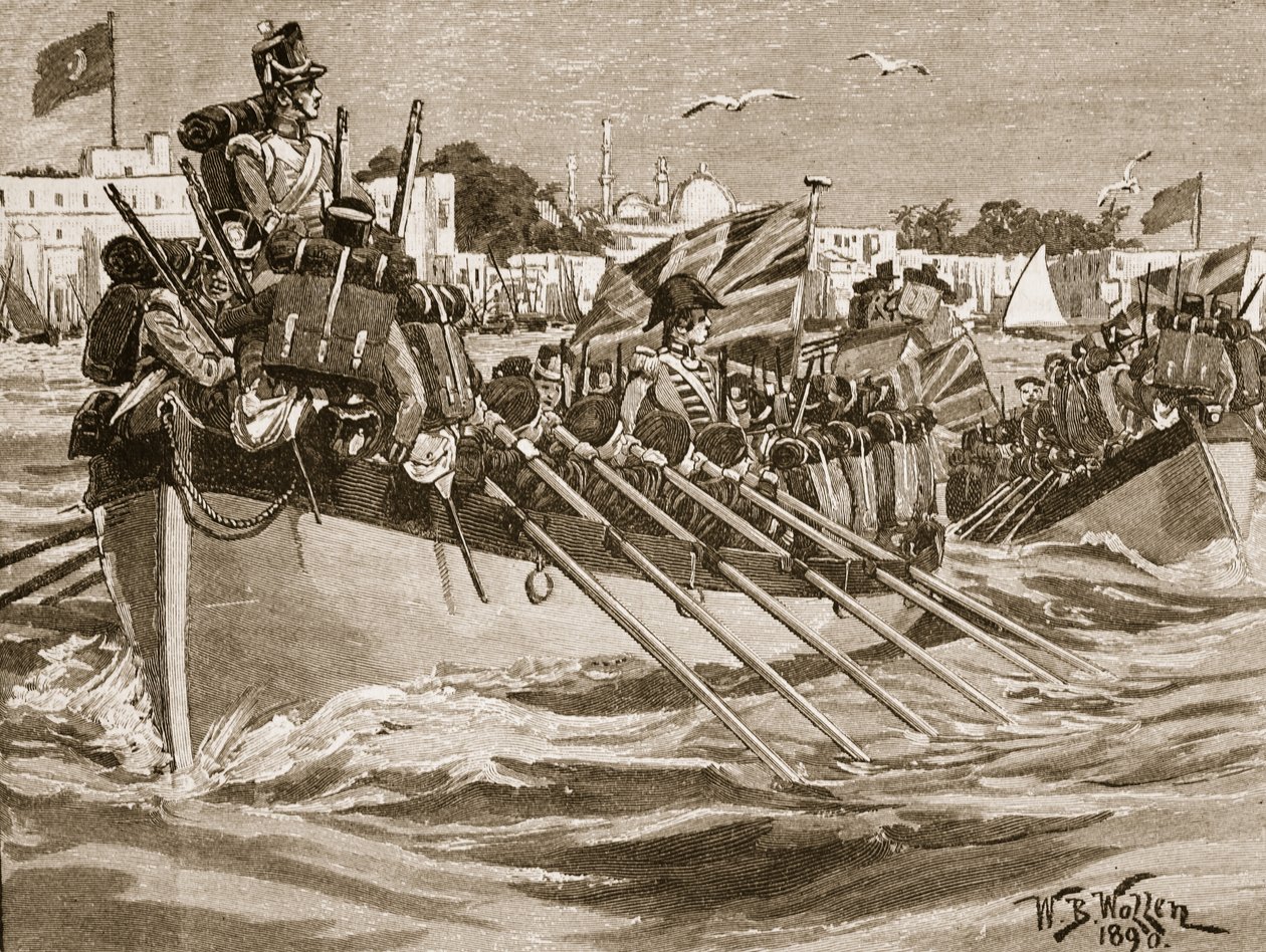 Wyjazd wojsk brytyjskich z Aleksandrii, 1807, ilustracja z „Ilustrowanej historii Anglii Cassella” (zdjęcie w sepii) autorstwa William Barnes Wollen
