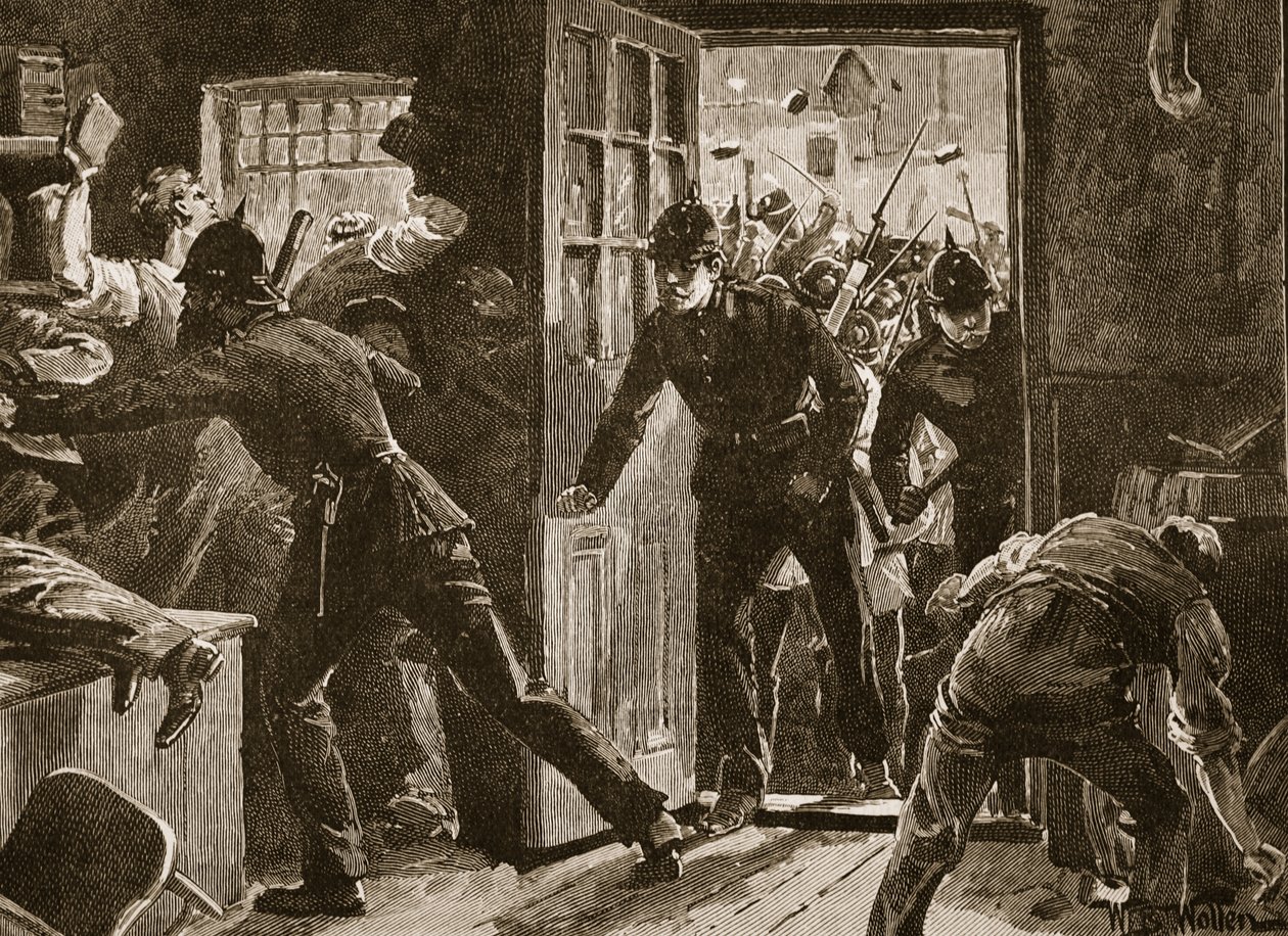 Bójka w Ennis pomiędzy zawodnikami National Leaguers i policją, 1886, ilustracja z "Cassell