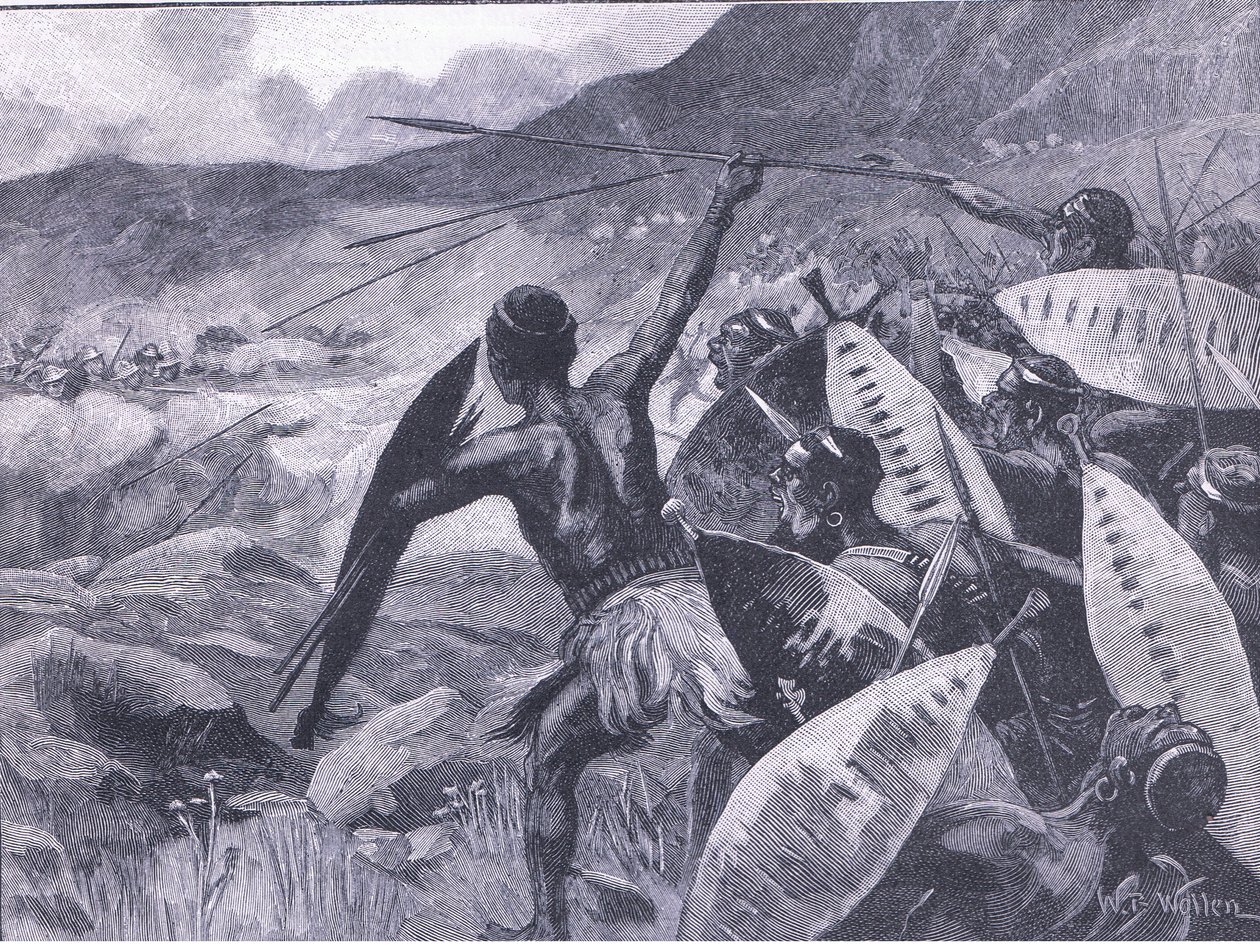 Walka na wzgórzach Matopos: szarża Matabele, ilustracja z Cassells History of England, 1900 autorstwa William Barnes Wollen