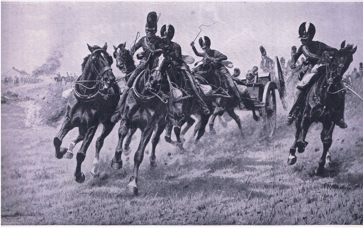 Działa na froncie: Waterloo 18 czerwca 1815, ilustracja z brytyjskich bitew lądowych i morskich, 1915 autorstwa William Barnes Wollen