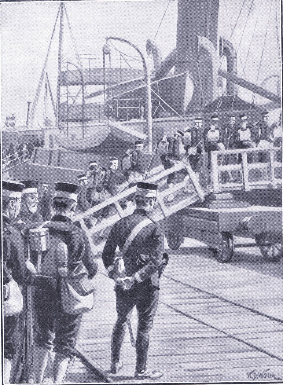 Japońskie wojska wkraczające do Kobe, ilustracja z Cassells History of the rosyjsko-japońskiej wojny t. 1, ok. 1900 autorstwa William Barnes Wollen