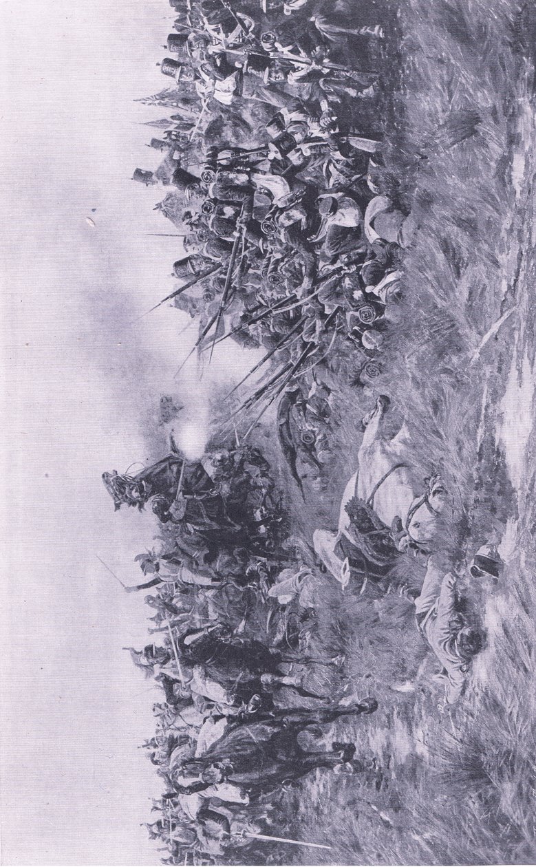 28. pułk Gloucester otrzymujący francuską kawalerię pod Waterloo 18 czerwca 1815, ilustracja z brytyjskich bitew lądowych i morskich, 1915 autorstwa William Barnes Wollen