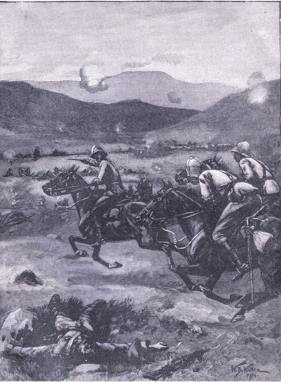 Bitwa pod Colenso: porucznik Roberts galopujący, aby przywrócić katastrofę do dział, ilustracja z Cassells History of England, 1900 autorstwa William Barnes Wollen