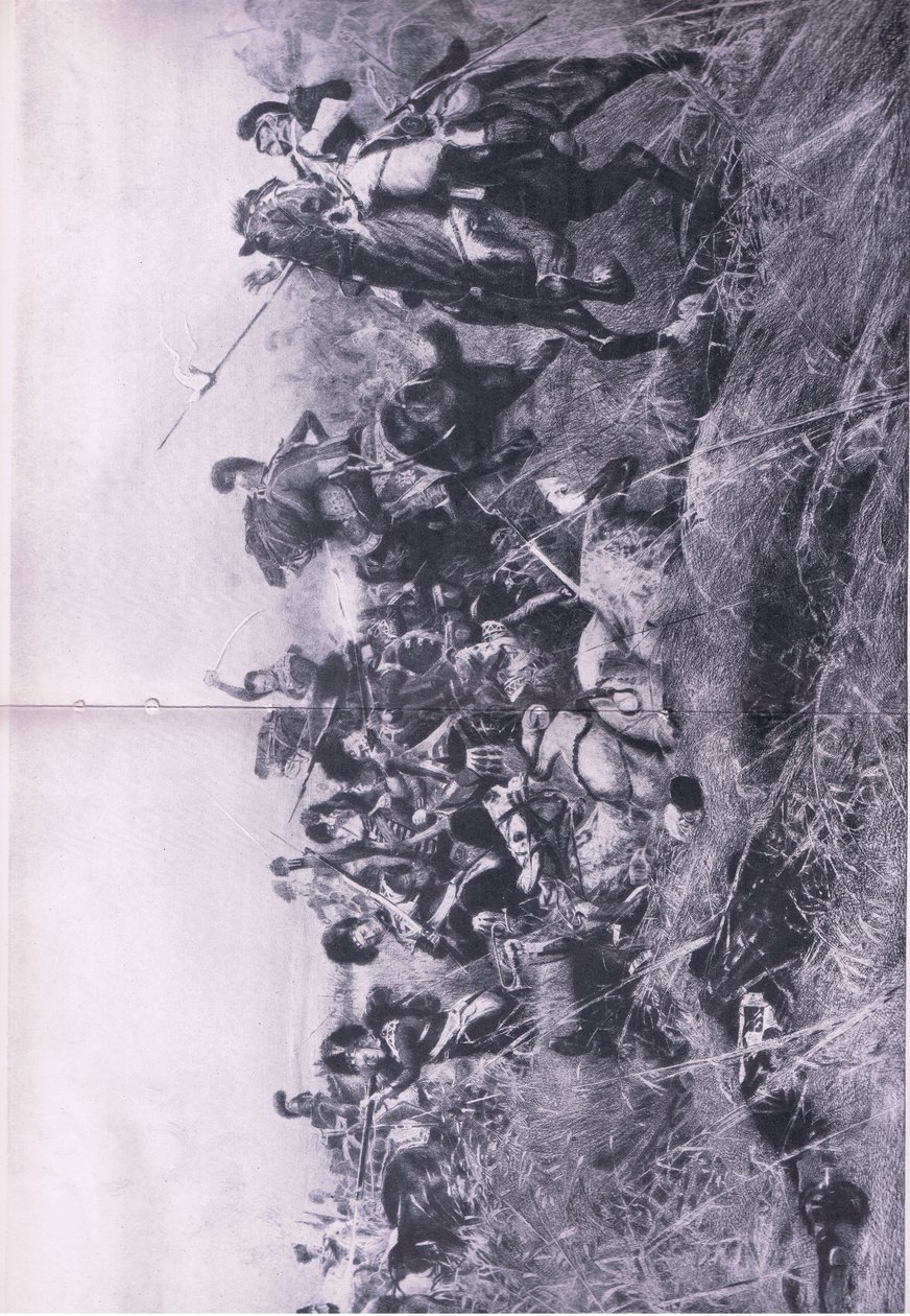 Czarna straż w bitwie pod Quatre Bras 16 czerwca 1815, ilustracja z brytyjskich bitew lądowych i morskich, 1915 autorstwa William Barnes Wollen