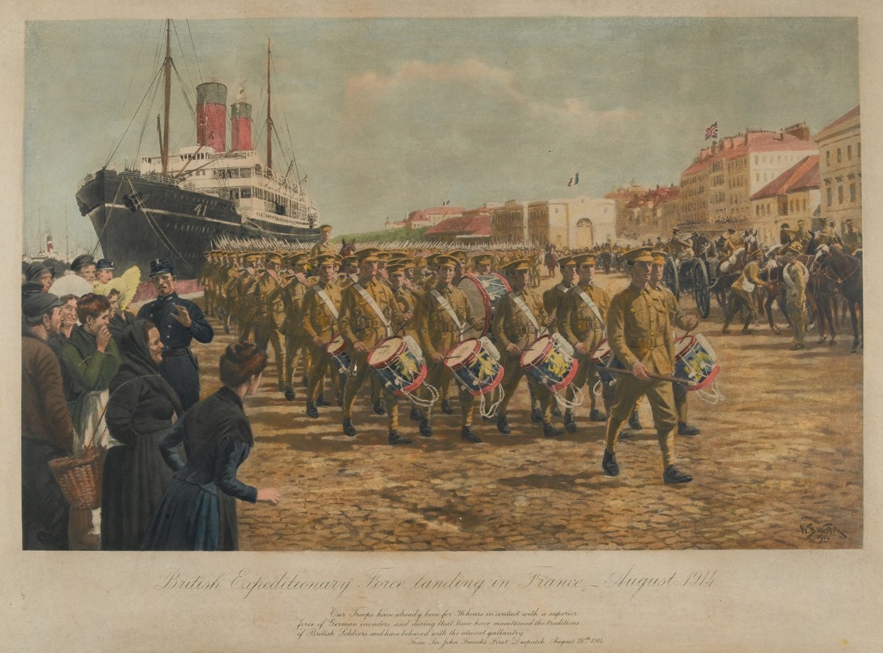 Lądowanie brytyjskich sił ekspedycyjnych we Francji, sierpień 1914 r autorstwa William Barnes Wollen