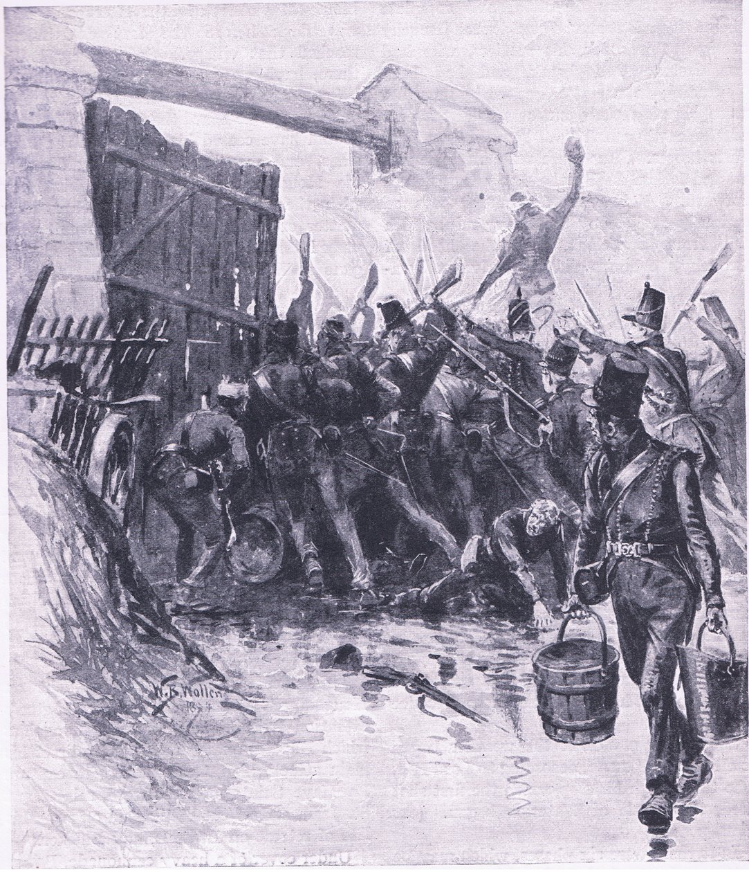 Atak na La Haye Sainte, ilustracja z brytyjskich bitew na lądzie i morzu, 1915 autorstwa William Barnes Wollen