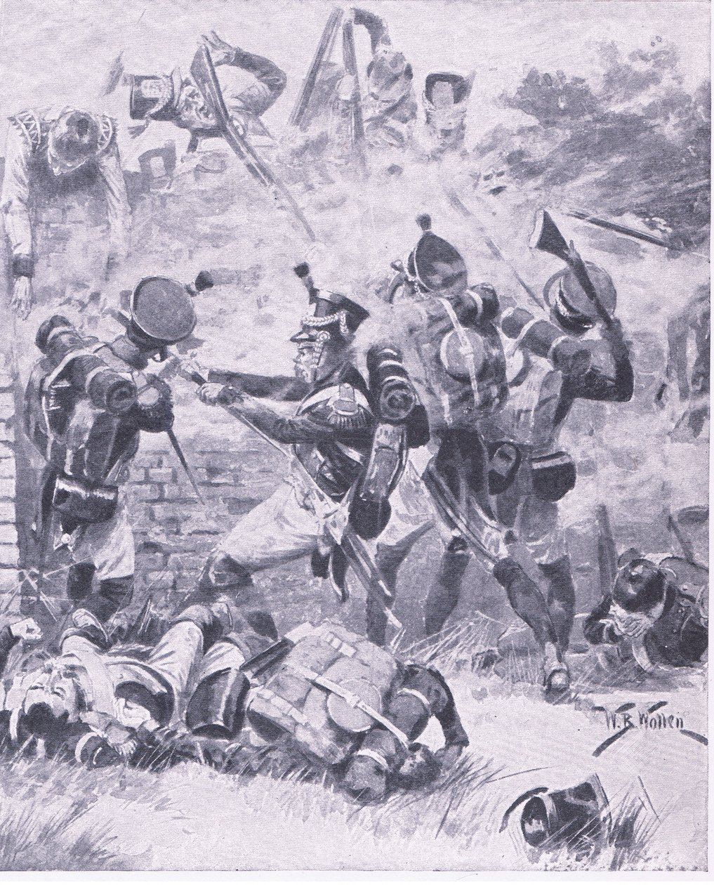 Atak na mur w Hougomont: Waterloo 1815, ilustracja z brytyjskich bitew lądowych i morskich, 1915 autorstwa William Barnes Wollen