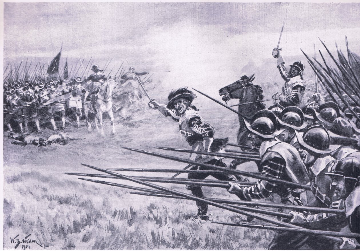 Szarża piechoty rojalistów pod Naseby, czerwiec 1645, ilustracja z brytyjskich bitew lądowych i morskich, 1915 autorstwa William Barnes Wollen
