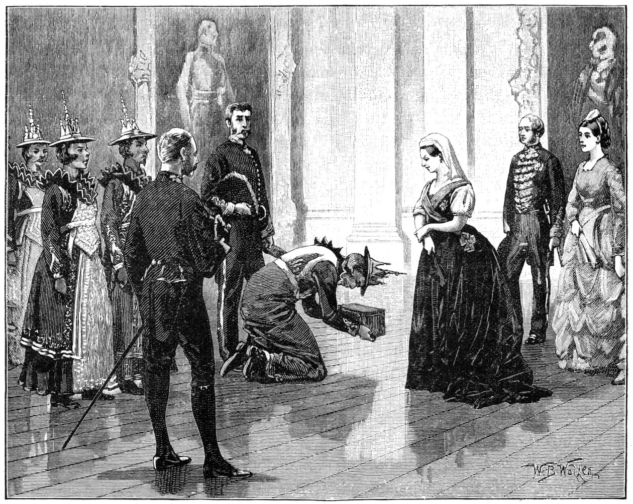 Królowa przyjmująca ambasadę Birmy, połowa końca XIX wieku, 1900. autorstwa William Barnes Wollen