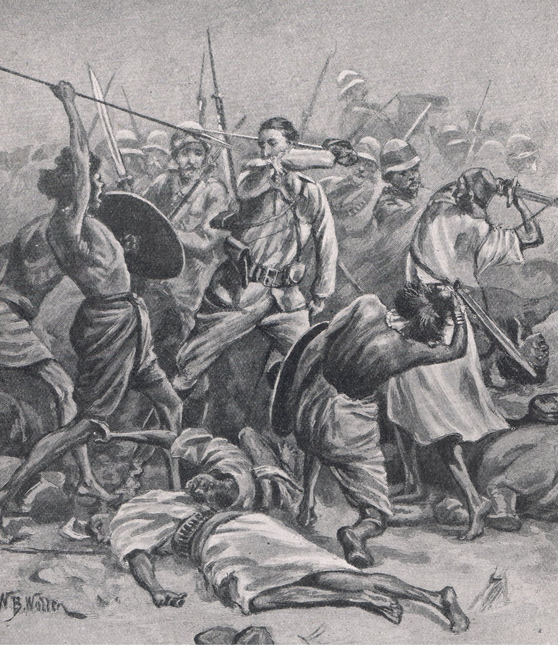 Plac w Abu-Klea, 17 stycznia 1885, ilustracja z brytyjskich bitew lądowych i morskich, 1915 autorstwa William Barnes Wollen