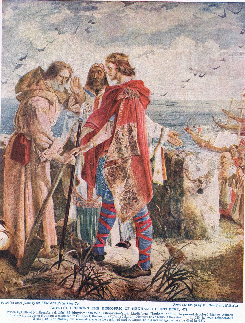 Egfrith ofiarowuje Cuthbertowi biskupstwo Hexham, 678, ilustracja z „Hutchinson
