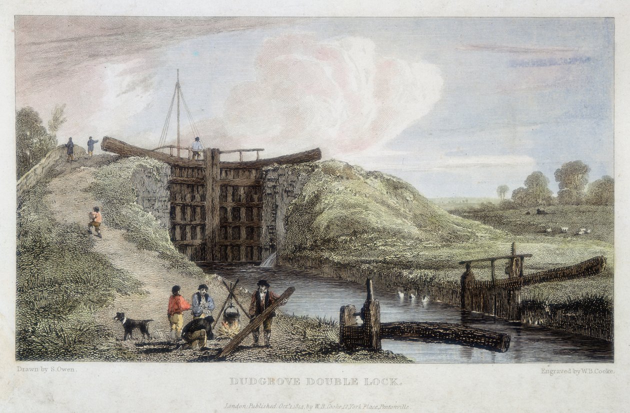 Podwójna śluza Dudgrove nad kanałem Lechlade, Tamiza i Severn, 1814 autorstwa William Bernard Cooke