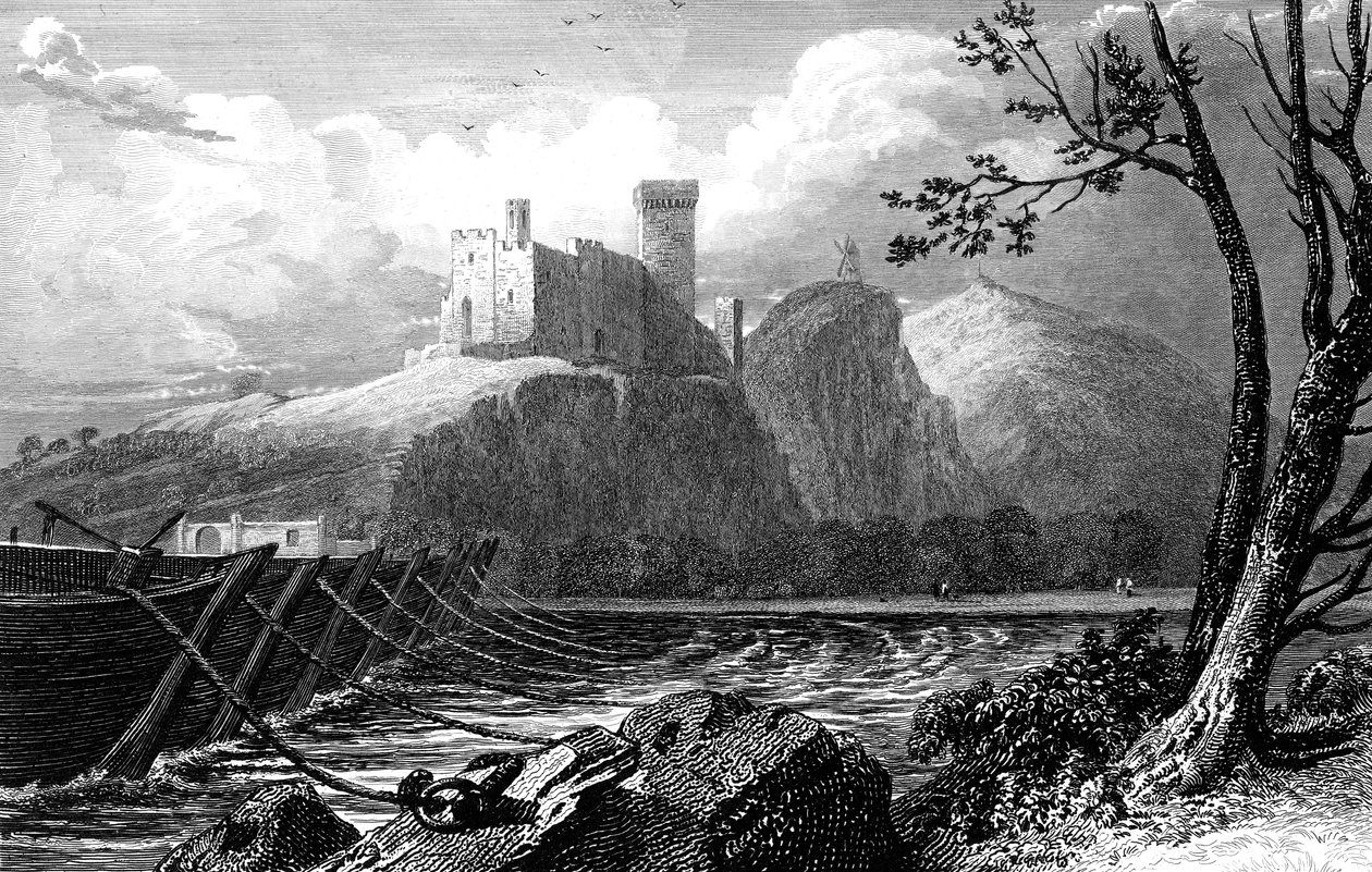 Zamek Beaucaire i most z łodzi na Rodan, Francja, 1824. autorstwa William Bernard Cooke