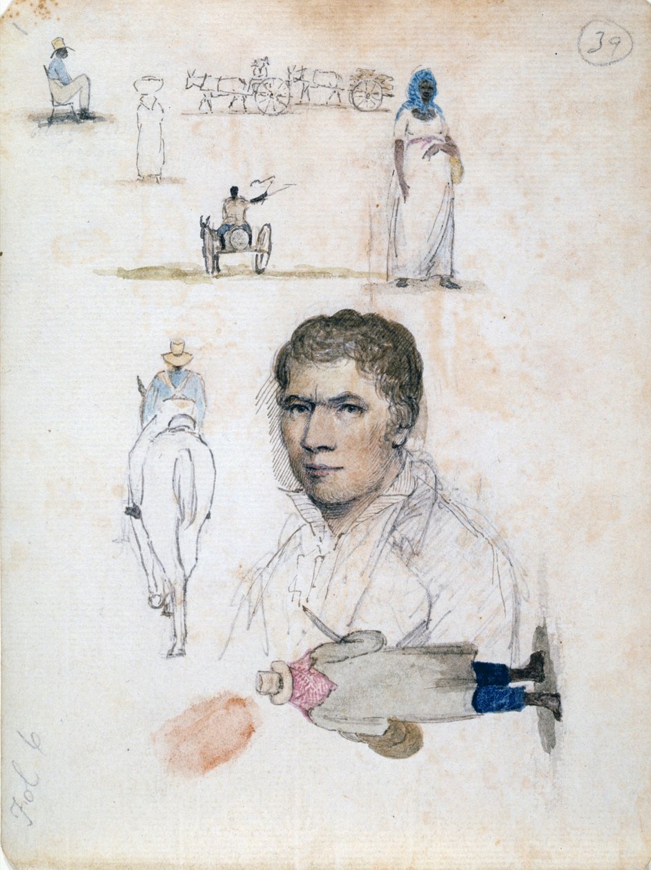Osiem małych rysunków, w tym portret, studia postaci, wózki, autorstwa artysty Williama Berrymana. autorstwa William Berryman
