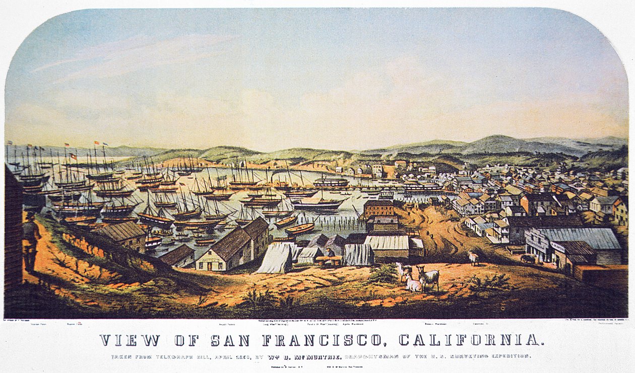 Widok San Francisco, Kalifornia, z Telegraph Hill, kwiecień 1850 (kolor lito) autorstwa William Birch McMurtrie