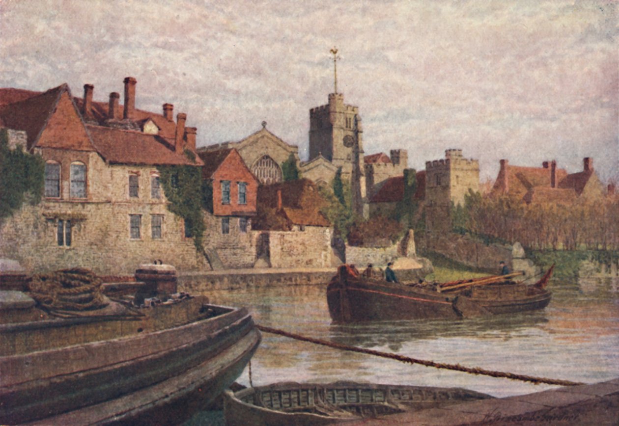 Maidstone. Tył starożytnego pałacu, kościoła i starego kolegium z drugiej strony Medway, ok. 1900 autorstwa William Biscombe Gardner