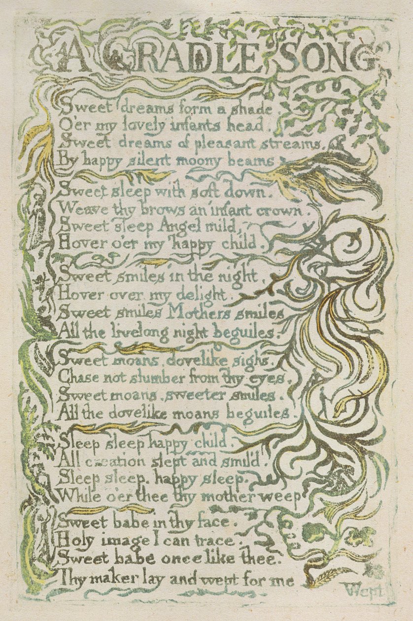 „A Cradle Song”, płyta 25 z „Songs of Innocence”, 1789 (ręcznie kolorowana płaskorzeźba akwaforta z akwarelą) autorstwa William Blake
