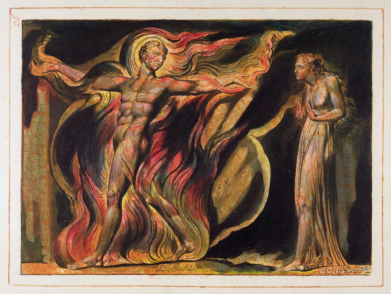Nagi mężczyzna w płomieniach, płyta 26 z „Jerozolimy” autorstwa William Blake