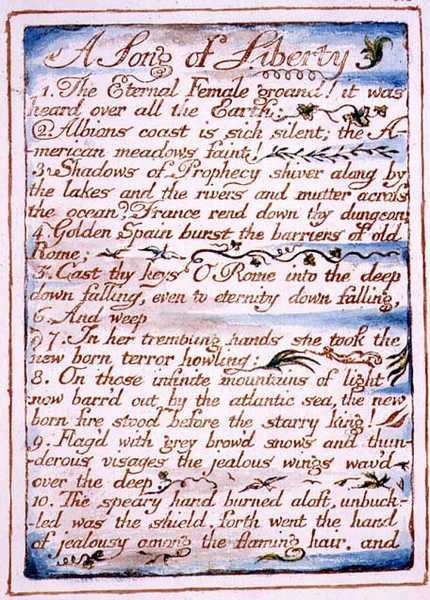 Pieśń wolności, tekst z „Wesela niebios i piekła”, ok. 1790-3 (akwaforta wypukła wykończona piórem i akwarelą) autorstwa William Blake