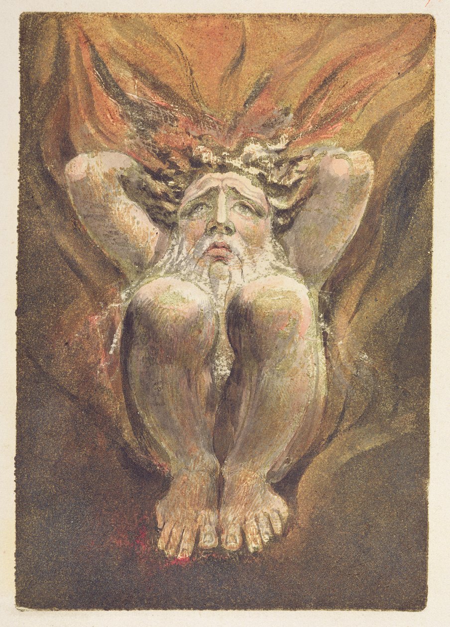 „Nagi mężczyzna przykucnięty w płomieniach, z rękami za głową”, tablica 21 z „Pierwszej księgi Urizena” autorstwa William Blake