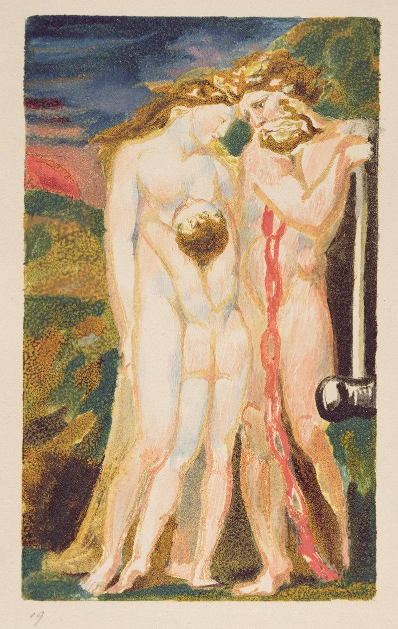 Naga kobieta patrząca w dół na pół dorosłego chłopca, płyta 18 z „Pierwszej księgi Urizena” autorstwa William Blake