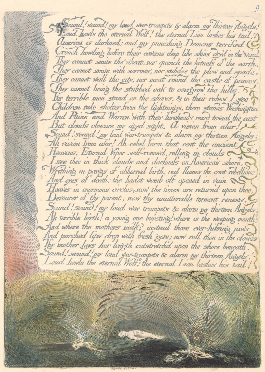 Ameryka. Proroctwo, płyta 11, Dźwięk! Dźwięk! Moje głośne trąby wojenne.... autorstwa William Blake