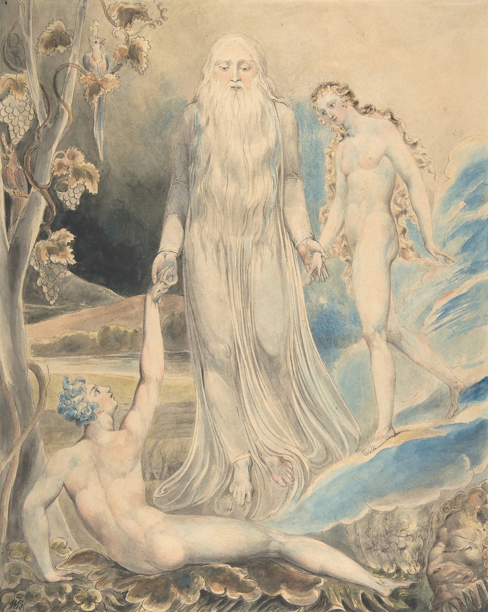 Anioł Boskiej Obecności przynoszący Ewę Adamowi Stworzenie Ewy..., recto..., 1803. autorstwa William Blake