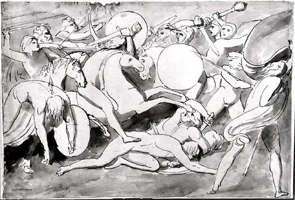 Scena bitwy (pióro i atrament) (zdjęcie czarno-białe) autorstwa William Blake