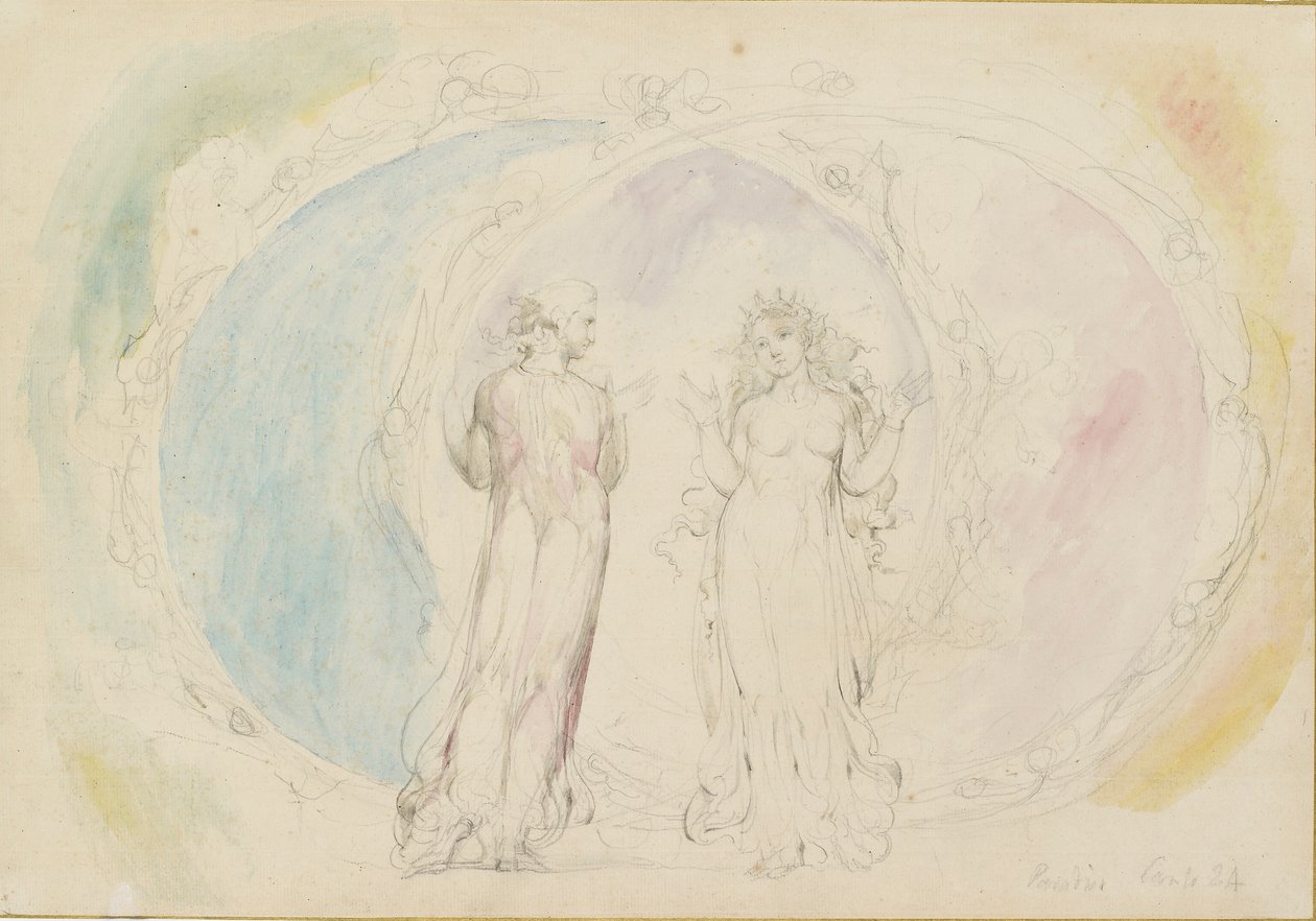 Beatrice i Dante w Bliźniętach, pośród sfer ognia, 1825-1827 autorstwa William Blake